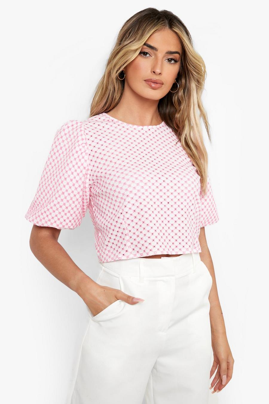 Pink Gingham Puff Sleeve Top image number 1