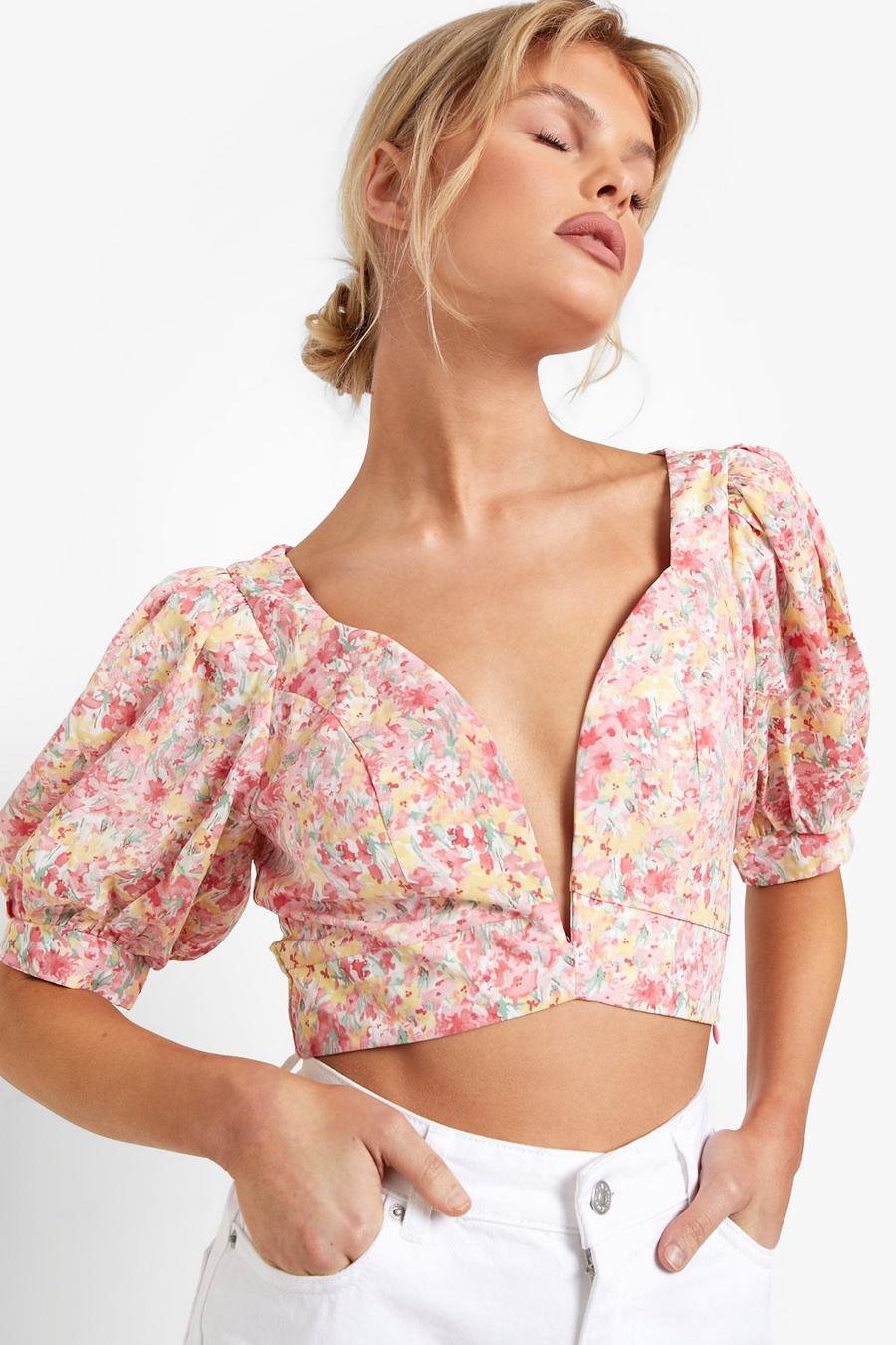 Women's Pink Puff Sleeve Floral Print Crop Top | Boohoo UK