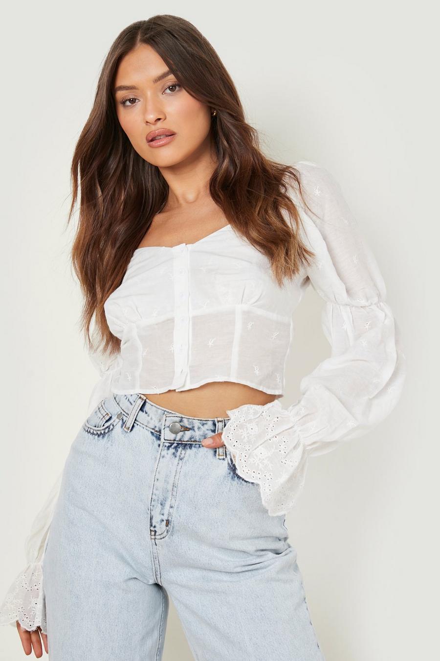 White blanco Broderie Button Front Puff Sleeve Top