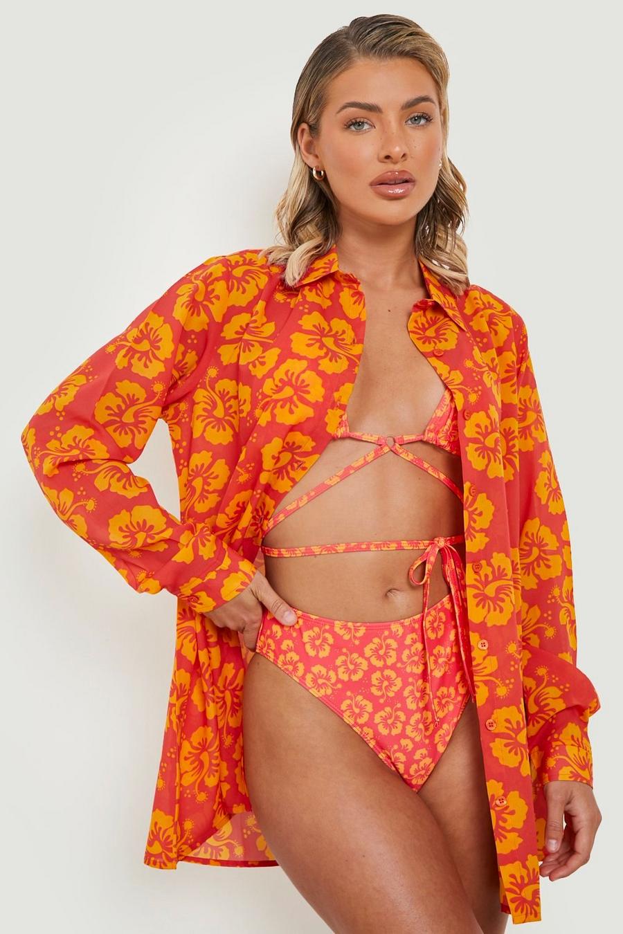 Tropical orange Tropical Floral Chiffon Beach Shirt image number 1