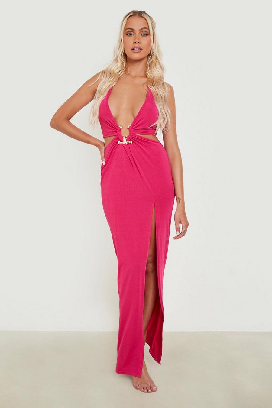 Hot pink rose Slinky Plunge Gold Trim Beach Maxi Dress