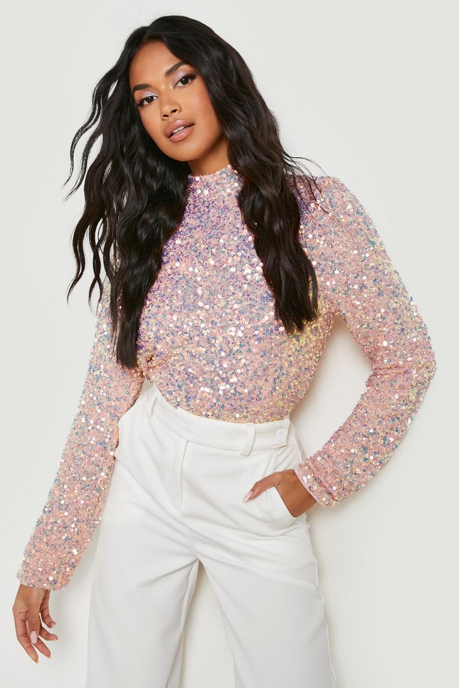 Multi Cowl Back Long Sleeve Sequin Blouse image number 1