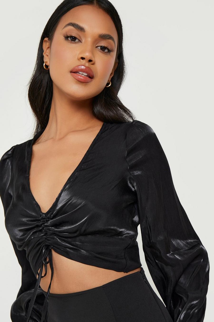 Black Shimmer Ruched Front Woven Top