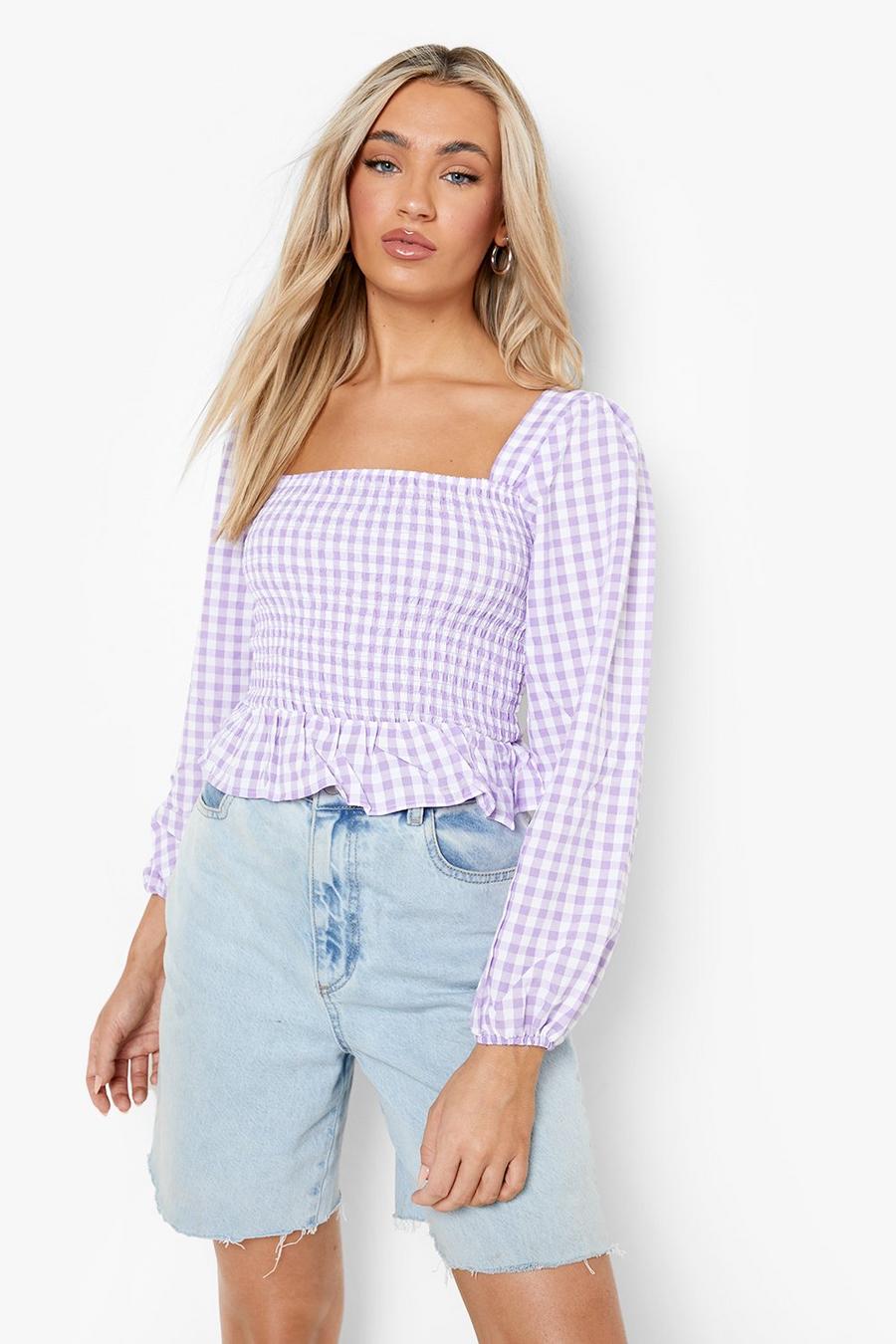 Lilac Puff Sleeve Gingham Top