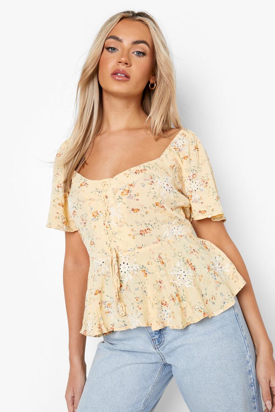 Yellow gul Floral Print Broderie Top image number 1