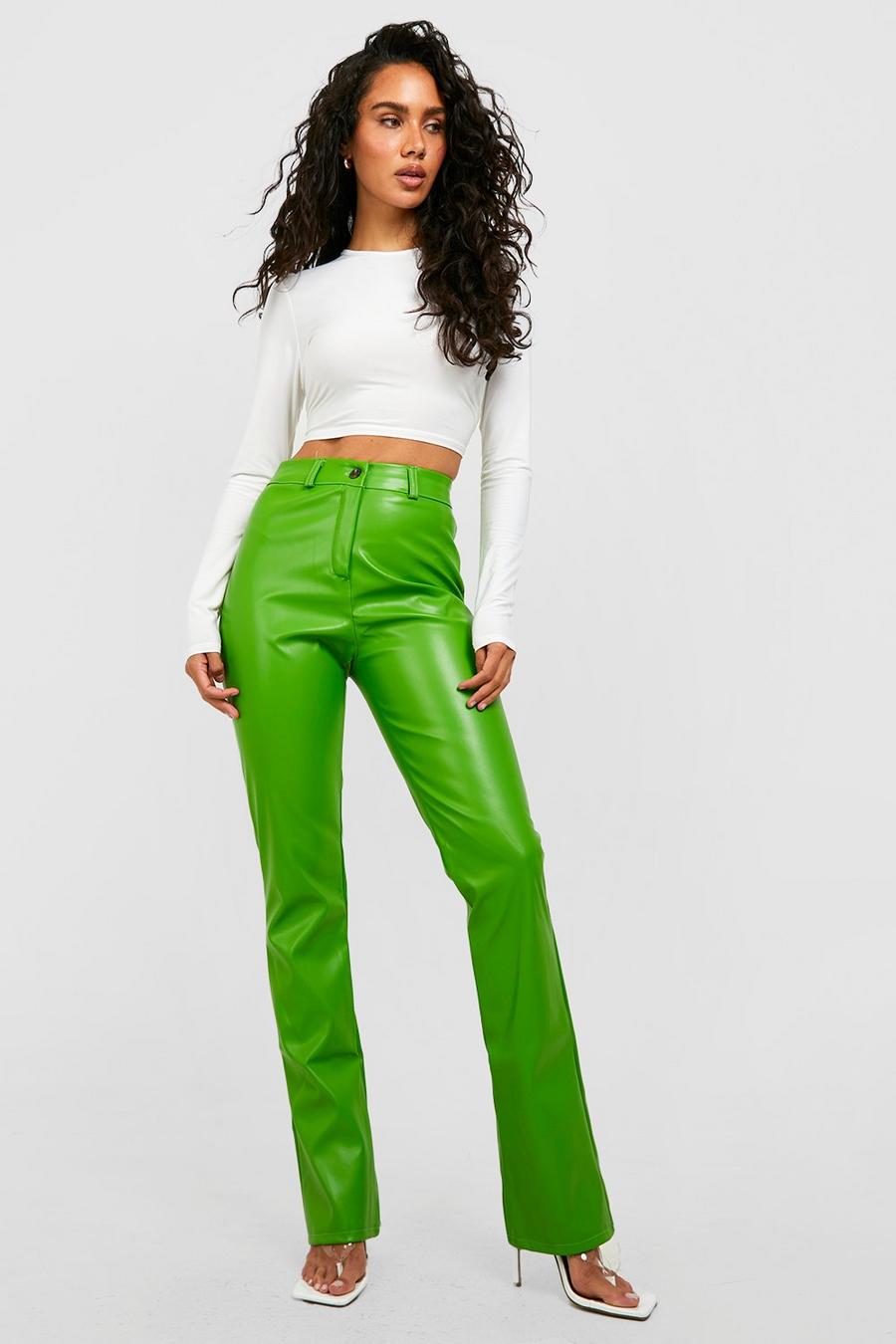 Green grön Slim Leg Leather Look Trousers image number 1