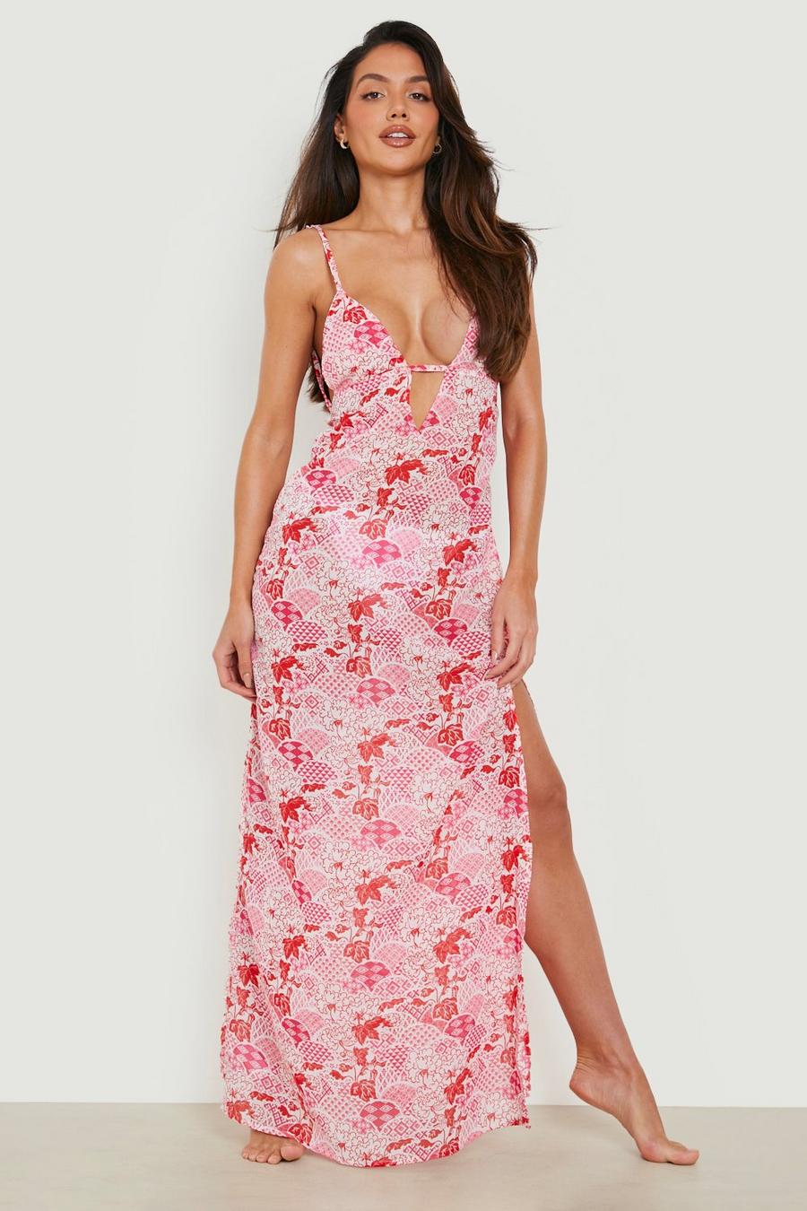 Red Abstract Print Cut Out Plunge Beach Dress image number 1