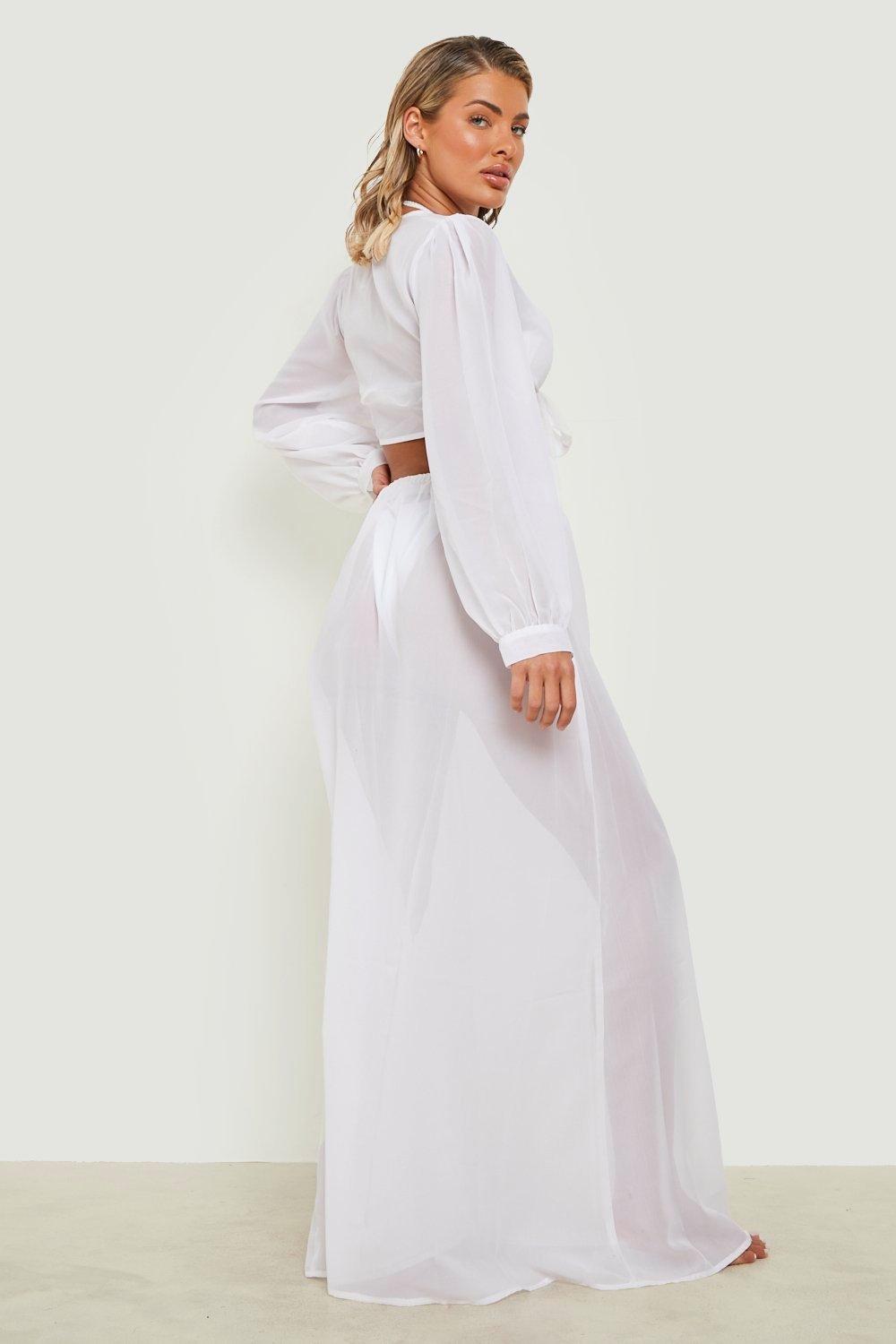 Boohoo Tie Top & Maxi Split Skirt Beach Co-ord in White Womens Clothing Skirts Maxi skirts 