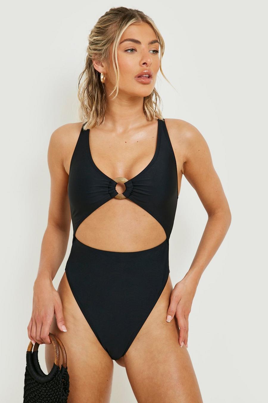 Black Wooden O-ring Cut Out Swimsuit image number 1