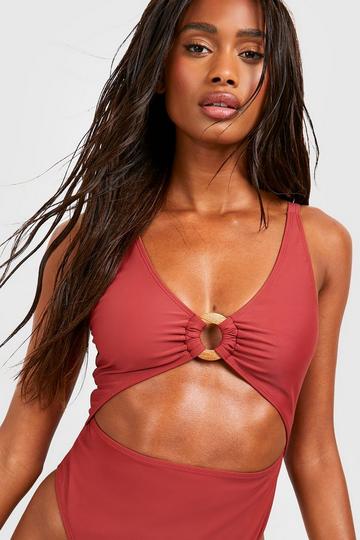Wooden O-ring Cut Out Swimsuit mocha