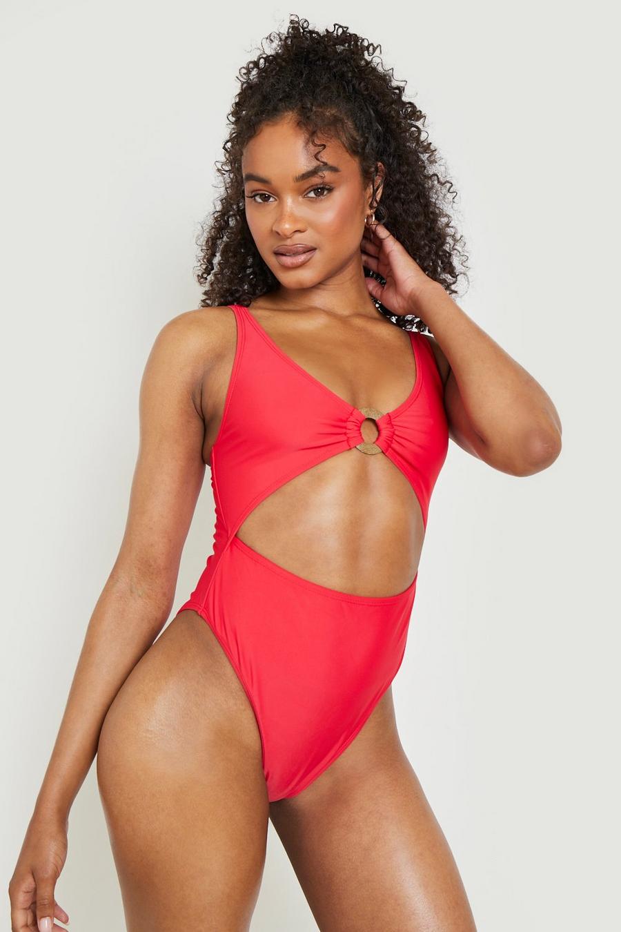 Red Wooden O-ring Cut Out Swimsuit