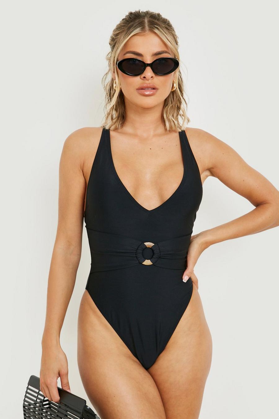 Black Wooden O-ring Belted Swimsuit