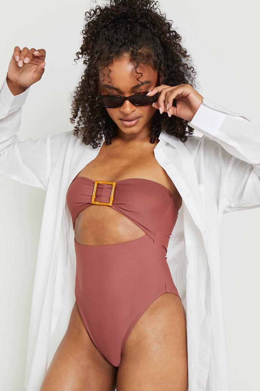 Chocolate Wooden Trim Bandeau Cut Out Swimsuit image number 1