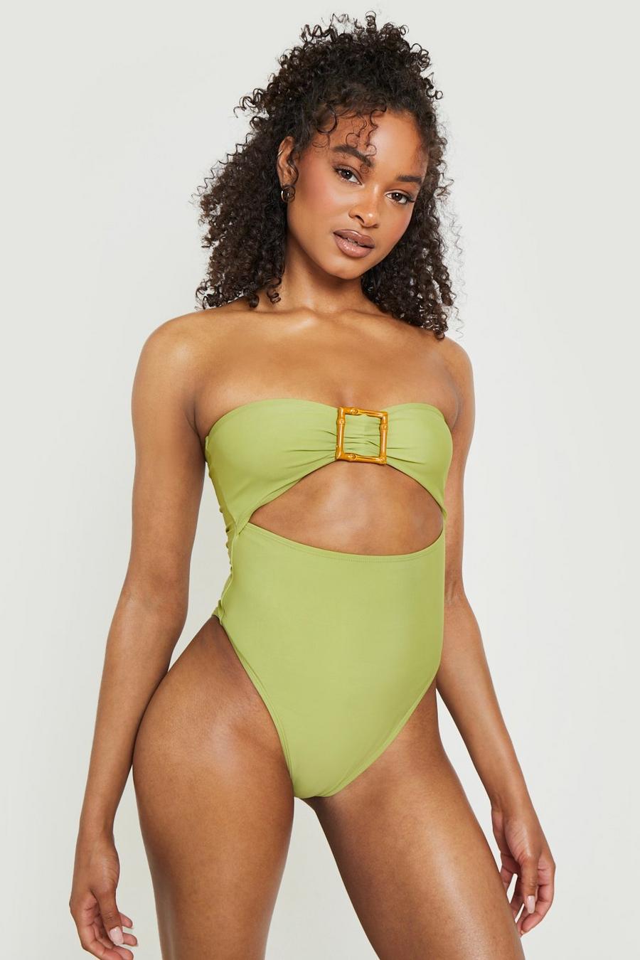 Olive Wooden Trim Bandeau Cut Out Swimsuit image number 1