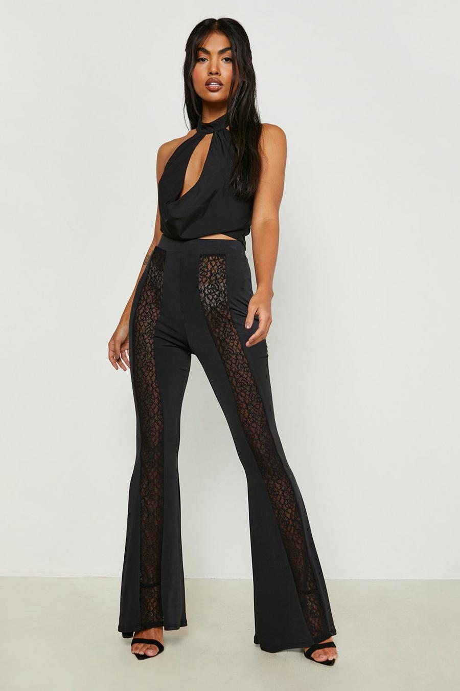 Black Lace Panel High Waist Flare Trouser image number 1