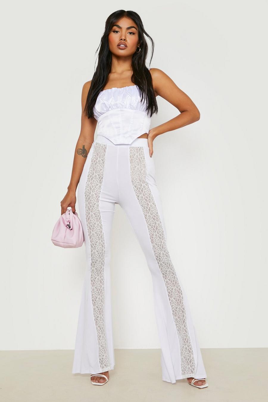 White Lace Panel High Waist Flare Pants image number 1