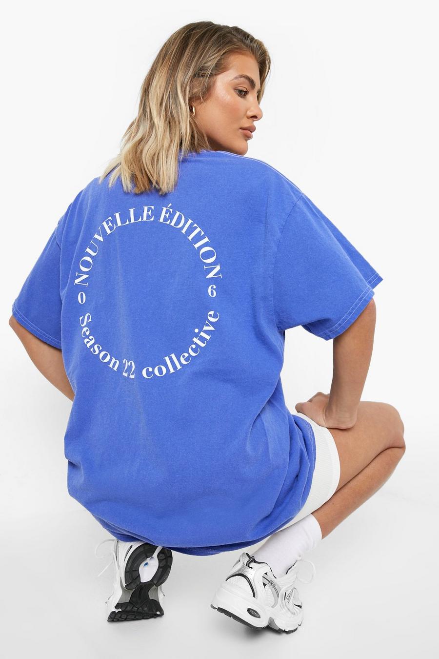 Blue Overdyed Oversized Printed T-shirt image number 1
