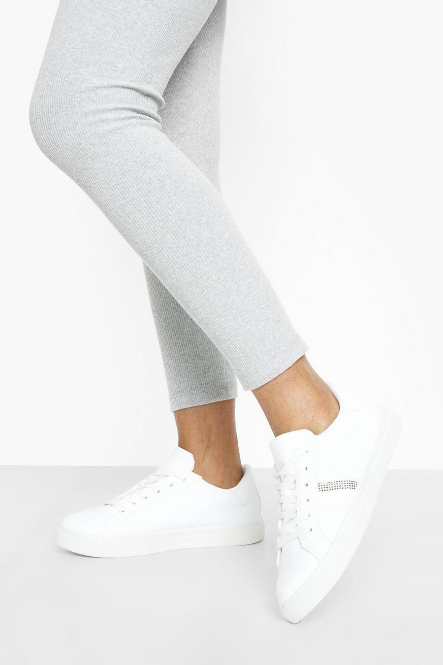 White Diamante Stripe Flat Lace Up Trainer image number 1
