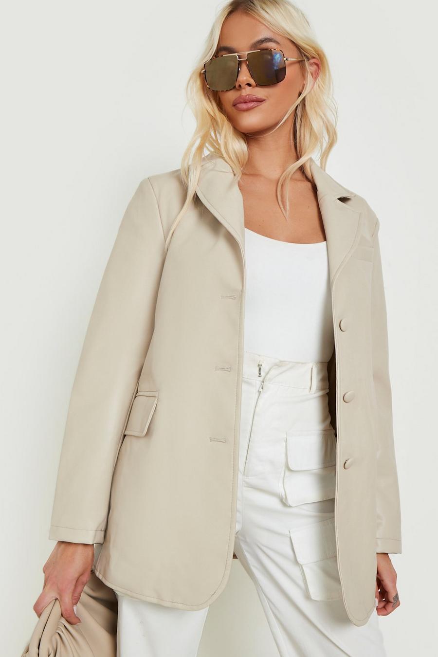Cream white Belted Faux Leather Jacket