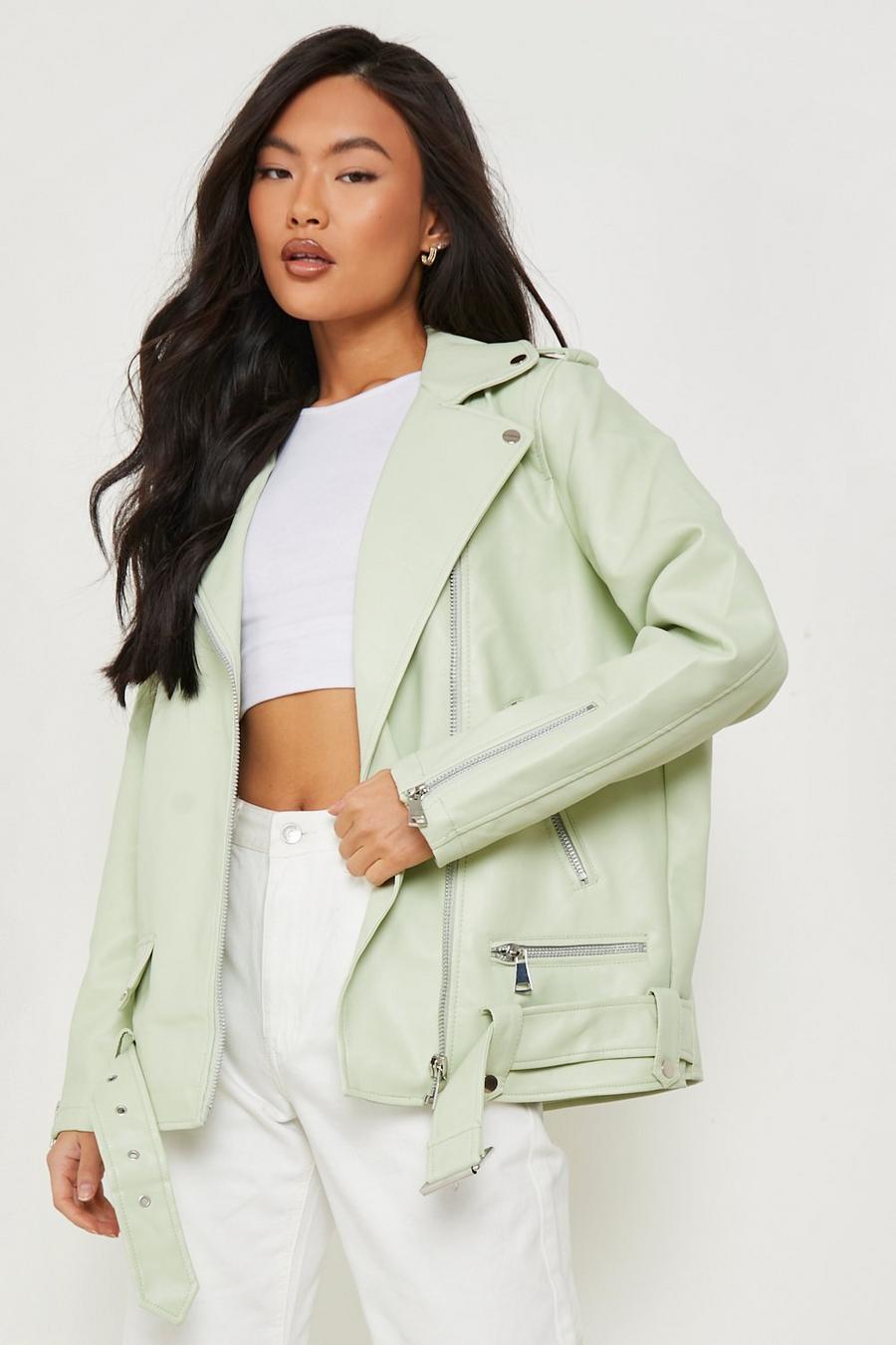 Green Oversized Faux Leather Biker image number 1