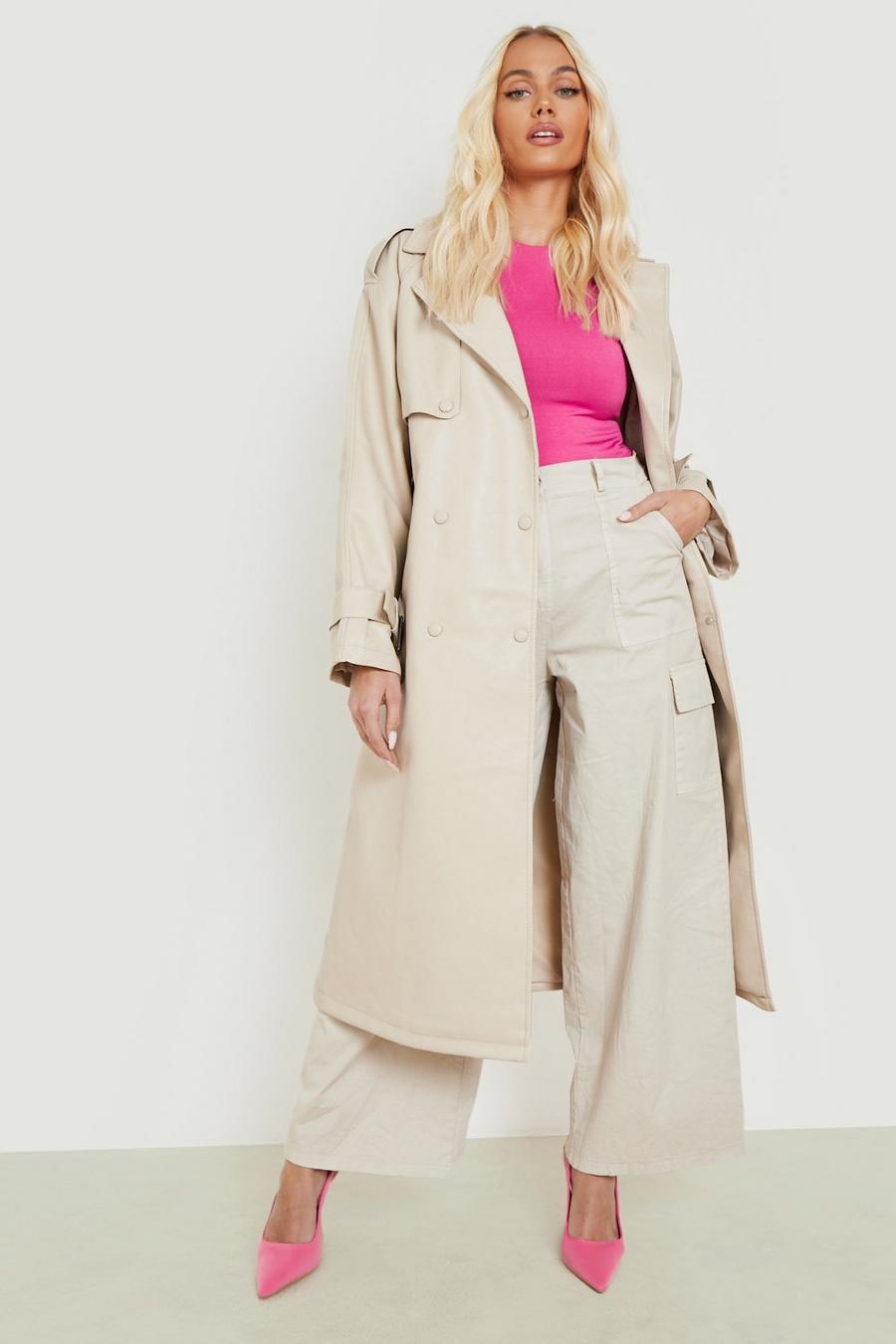 Cream Faux Leather Trench Coat image number 1