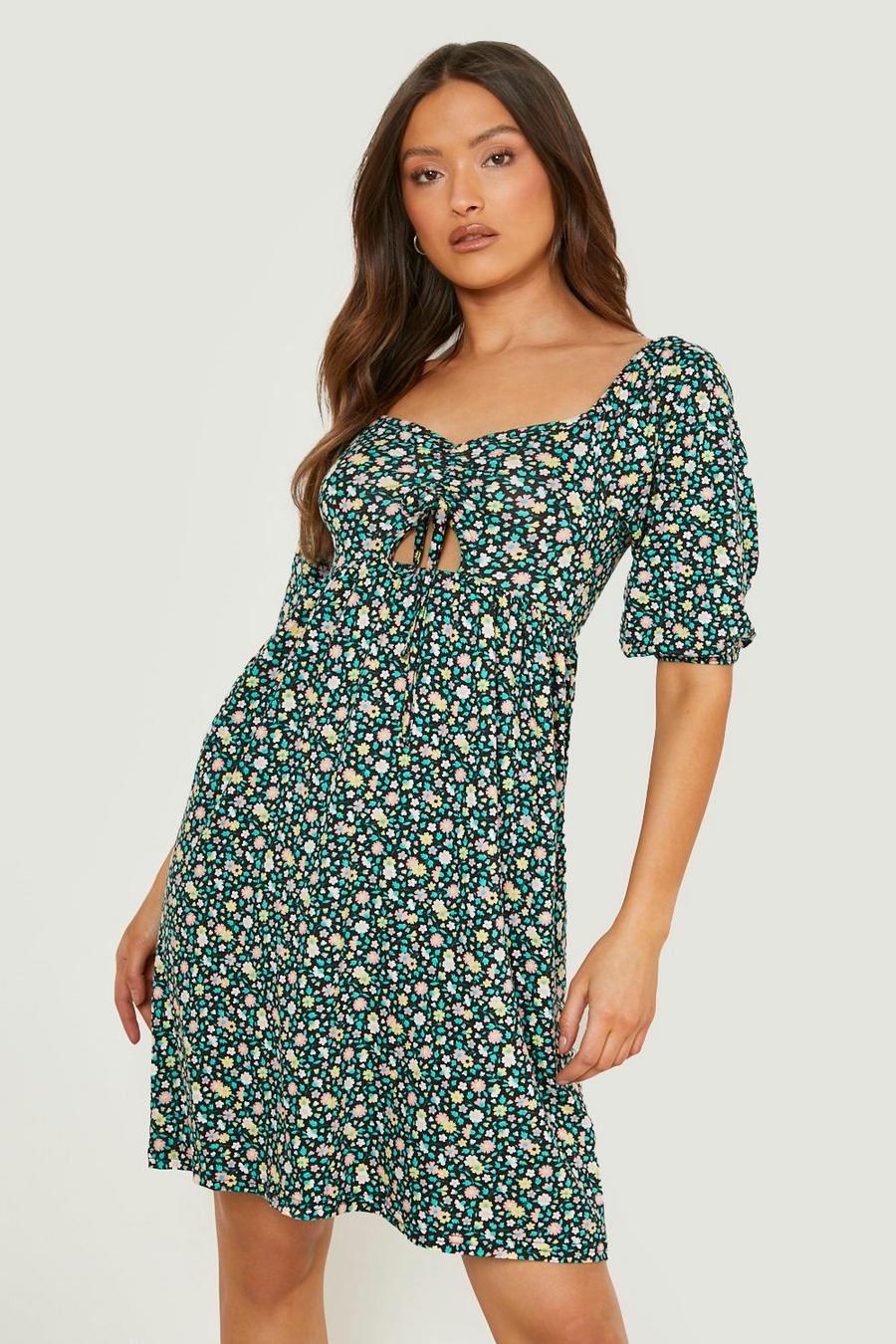 Black Ditsy Floral Cut Out Smock Dress