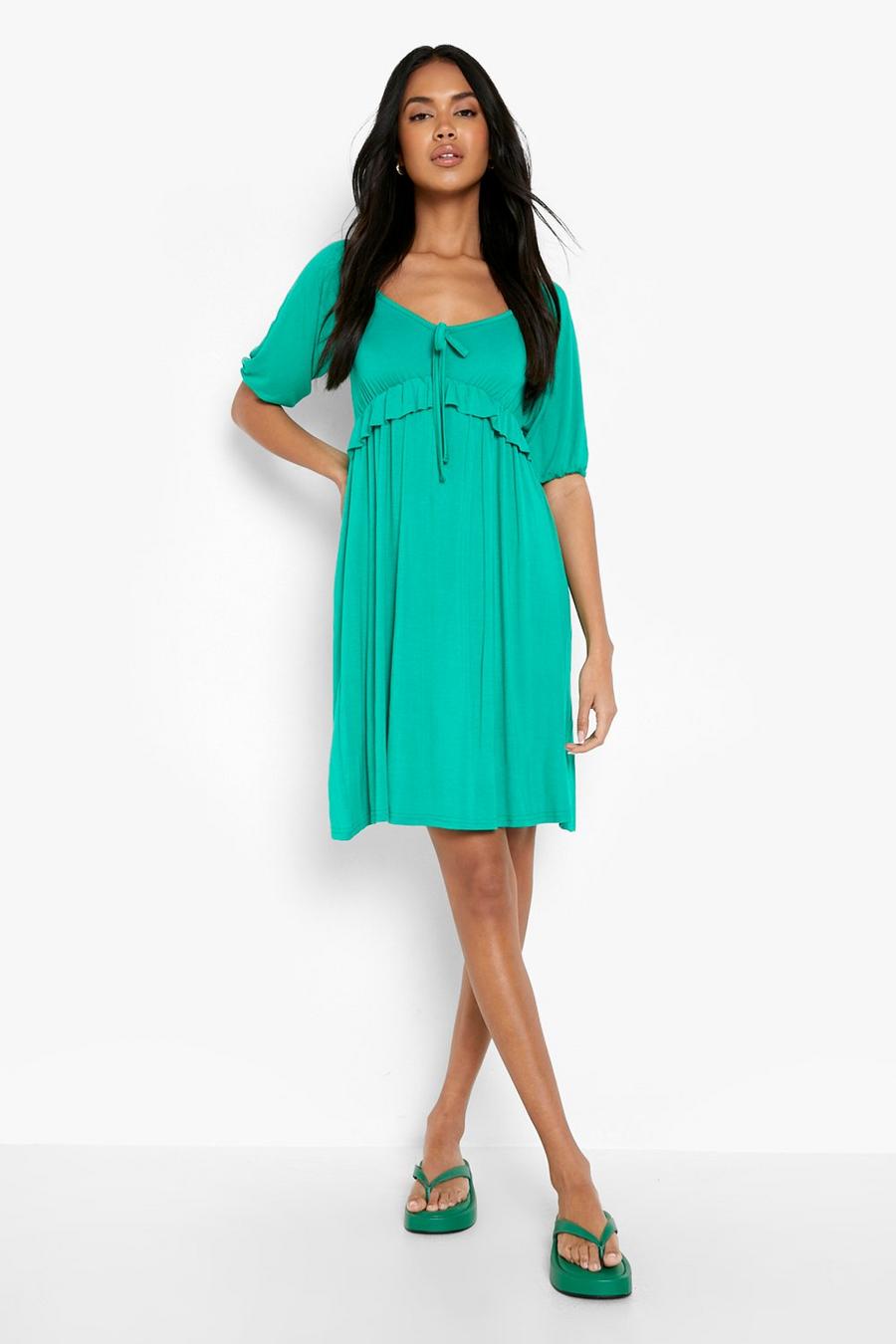 Green Puff Sleeve Frill Detail Smock Dress image number 1