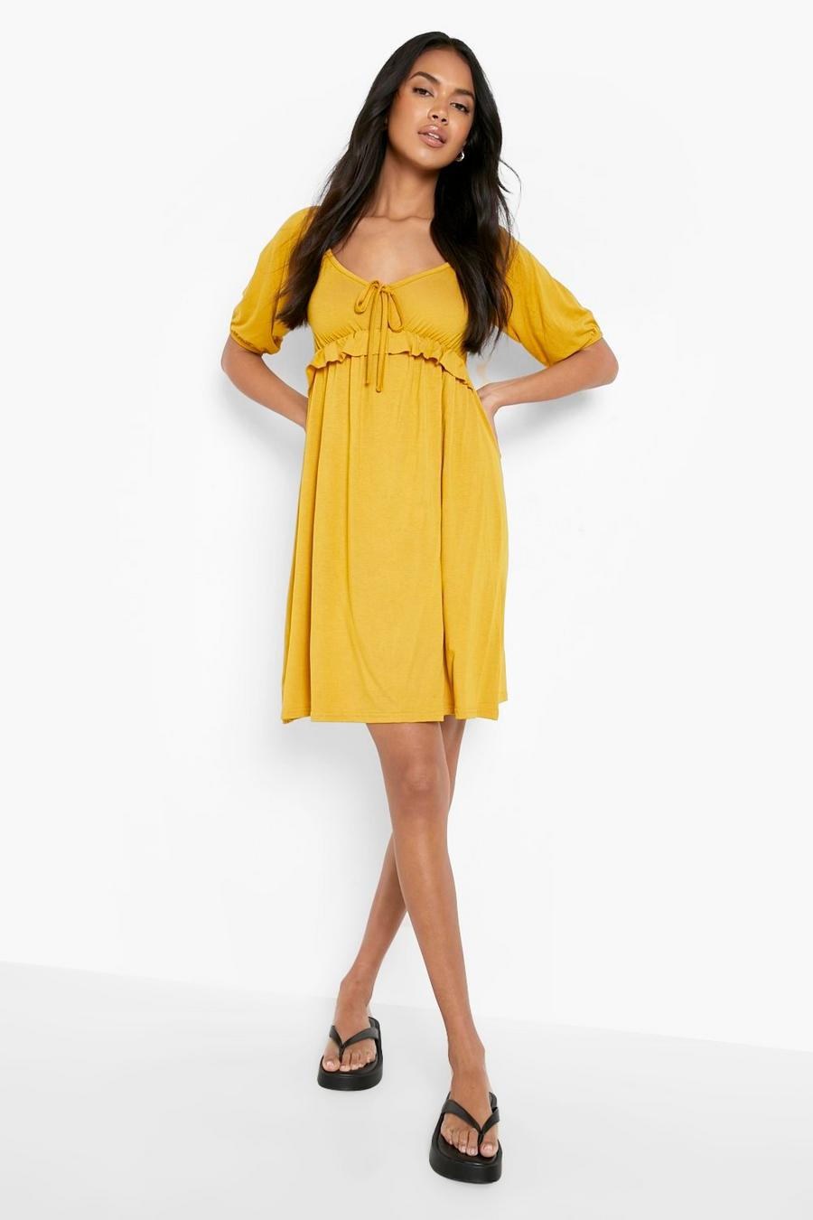 Mustard Puff Sleeve Frill Detail Smock Dress image number 1
