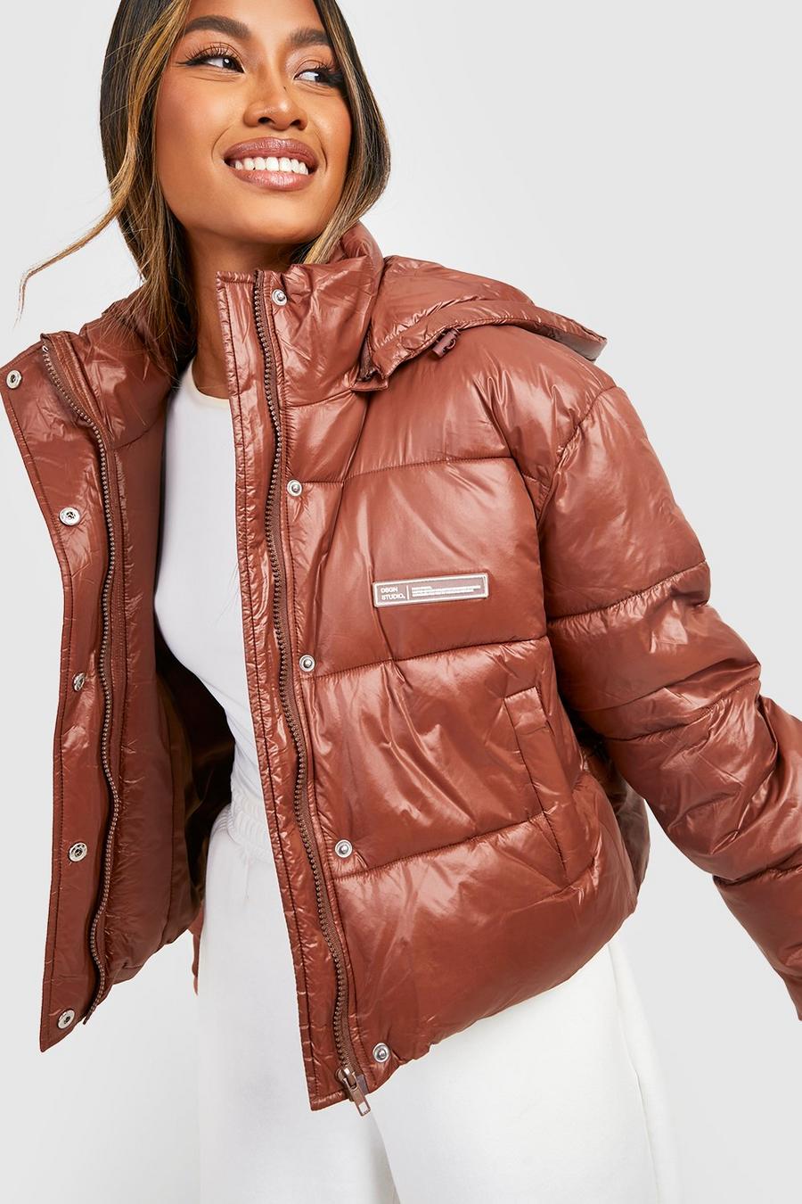 Chocolate Cire Hooded Puffer Jacket image number 1