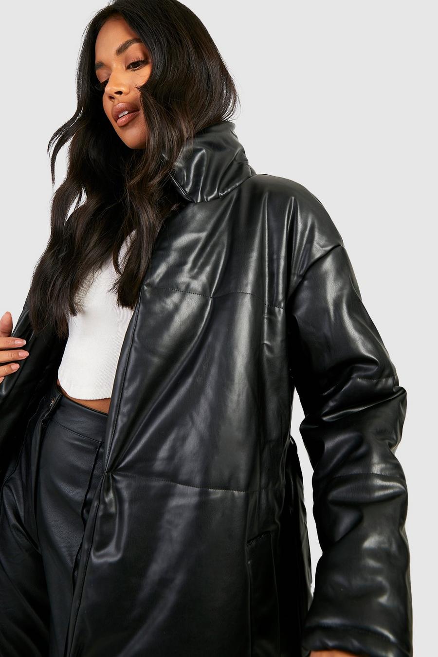 Black Faux Leather Belted Puffer Jacket  image number 1
