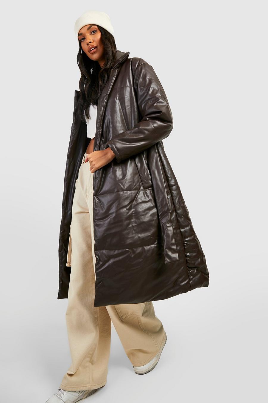 Chocolate brown Faux Leather Belted Puffer Jacket