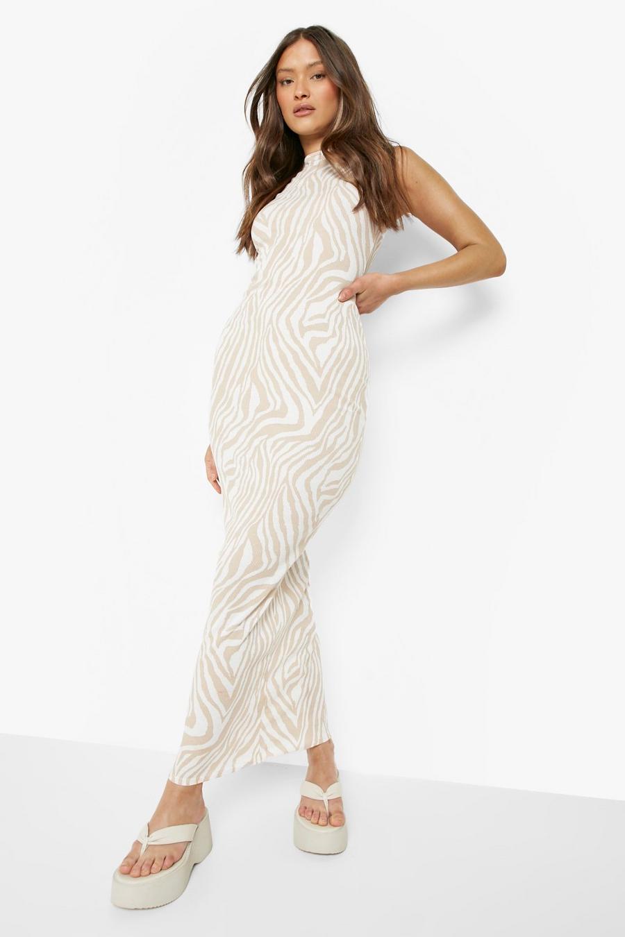 Cream white Rib Sleeveless Maxi Dress Zebra Print