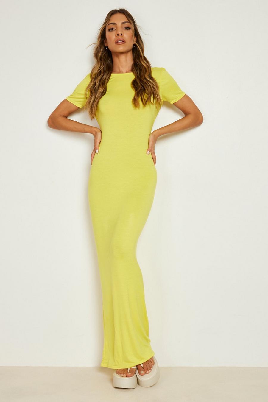 Lemon yellow Basic Short Sleeve Backless Maxi Dress