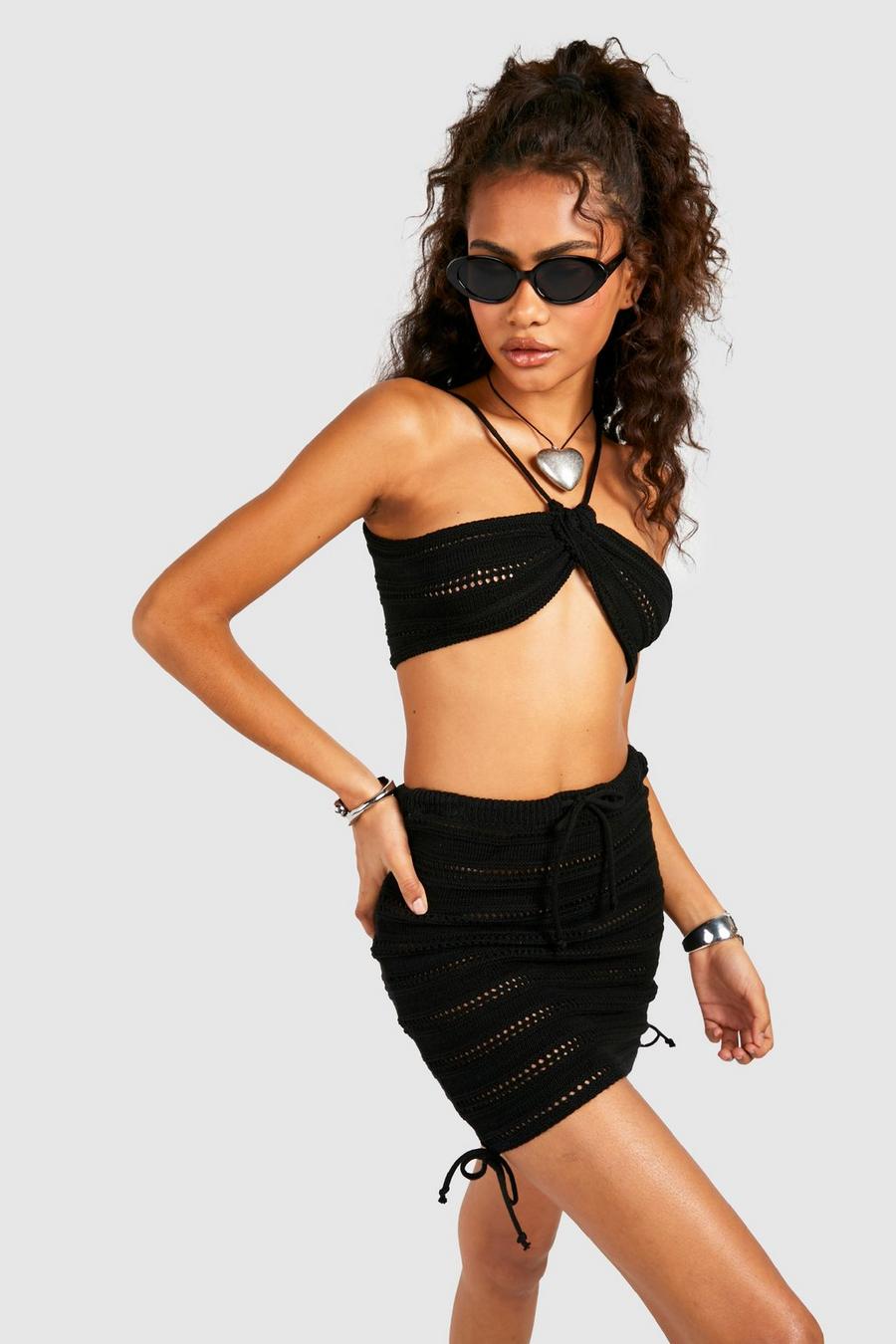 Black Crochet Lace Up Bralet And Skirt Co-ord image number 1