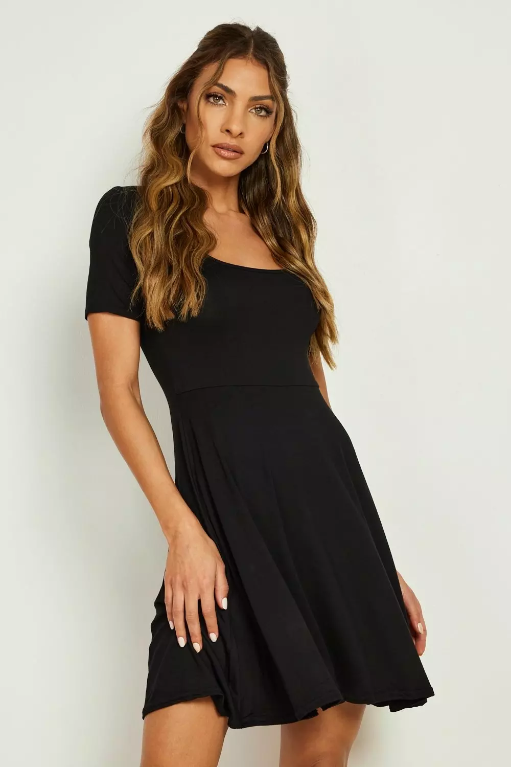 Black short cheap sleeve skater dress