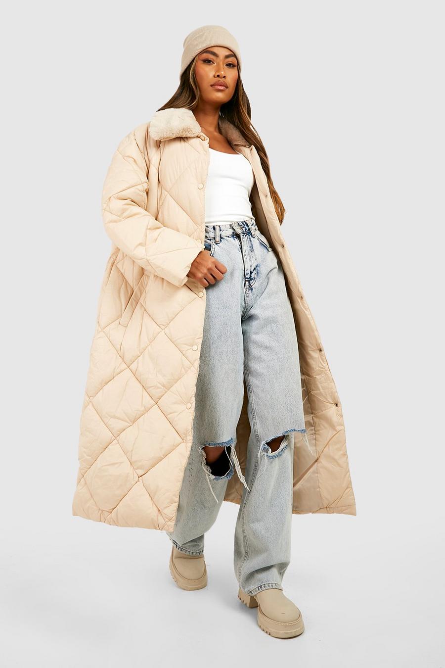 Stone Faux Fur Collar Diamond Quilt Puffer image number 1