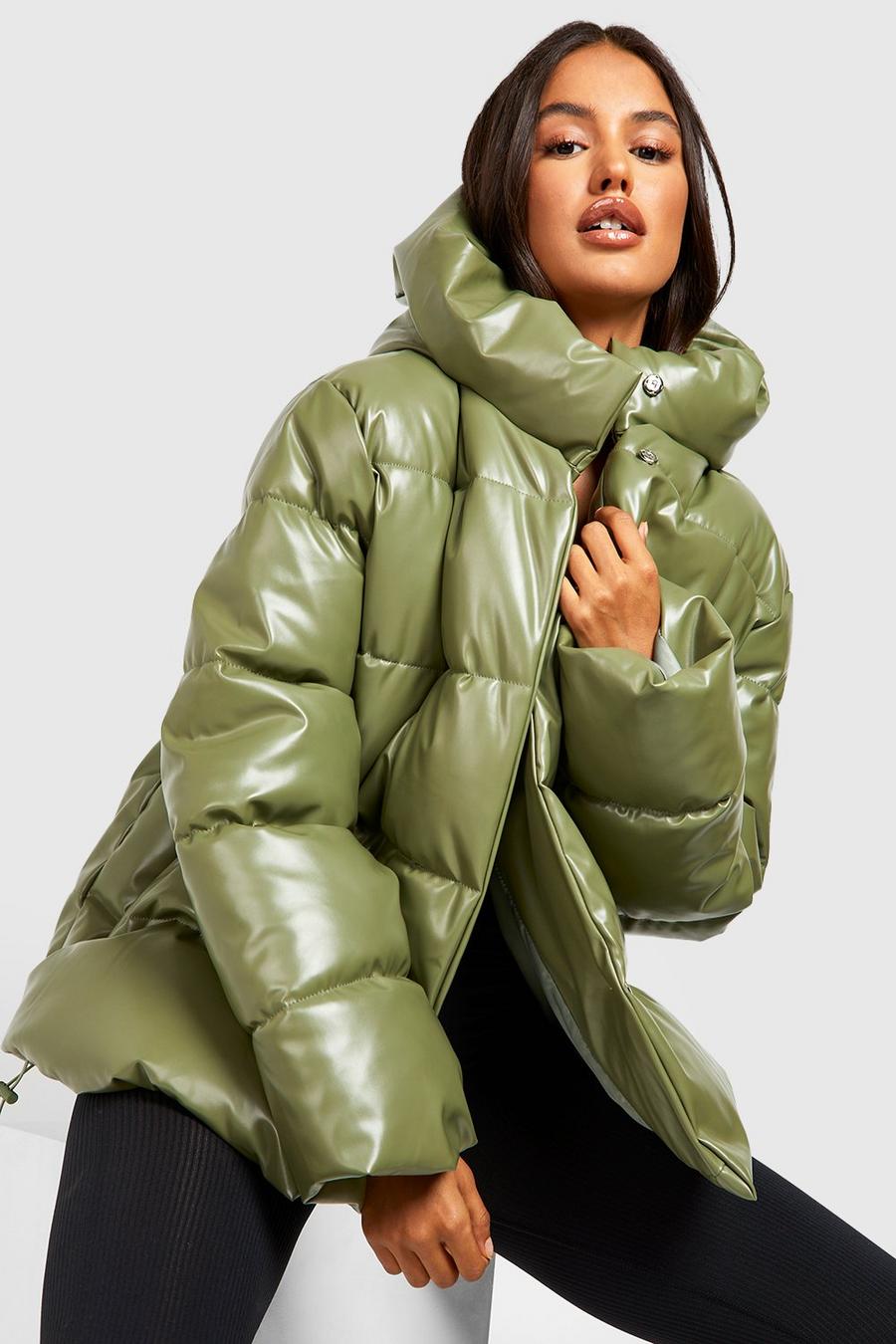 Khaki Oversized Faux Leather Puffer Jacket image number 1