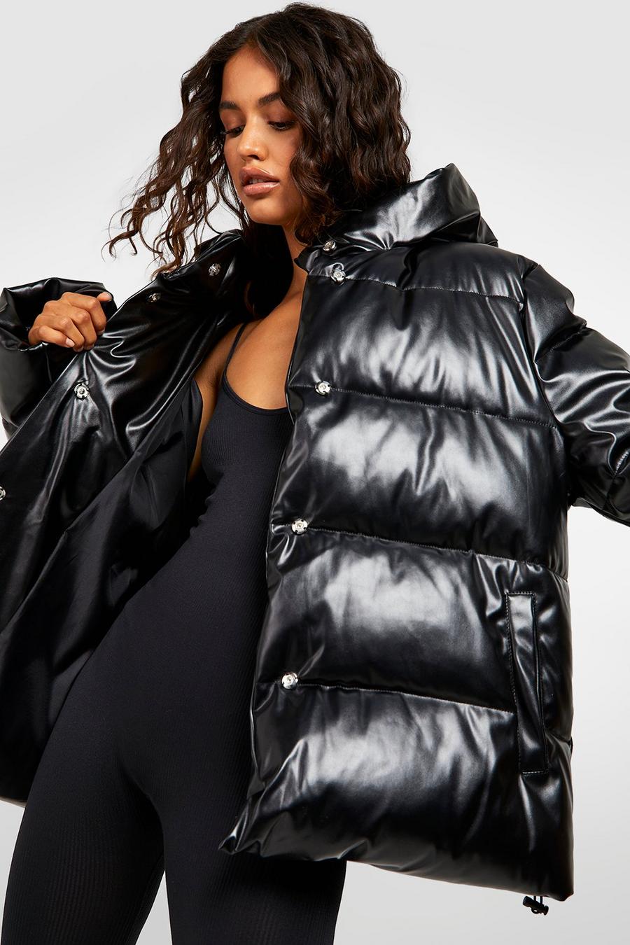 Black Oversized Faux Leather Puffer Jacket image number 1