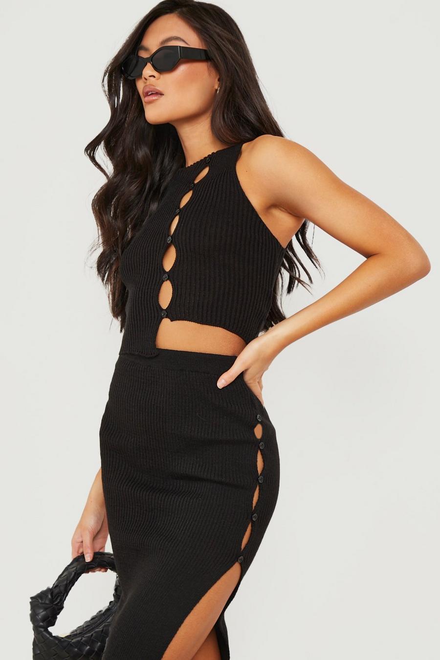 Black Asymmetric Button Knitted Co-ord image number 1