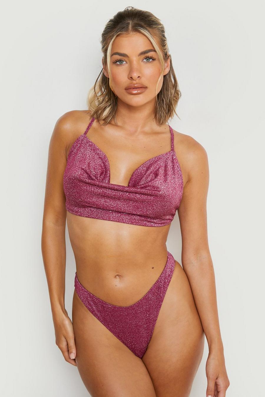 Berry Shimmer Strappy Cowl Neck Bikini Top image number 1