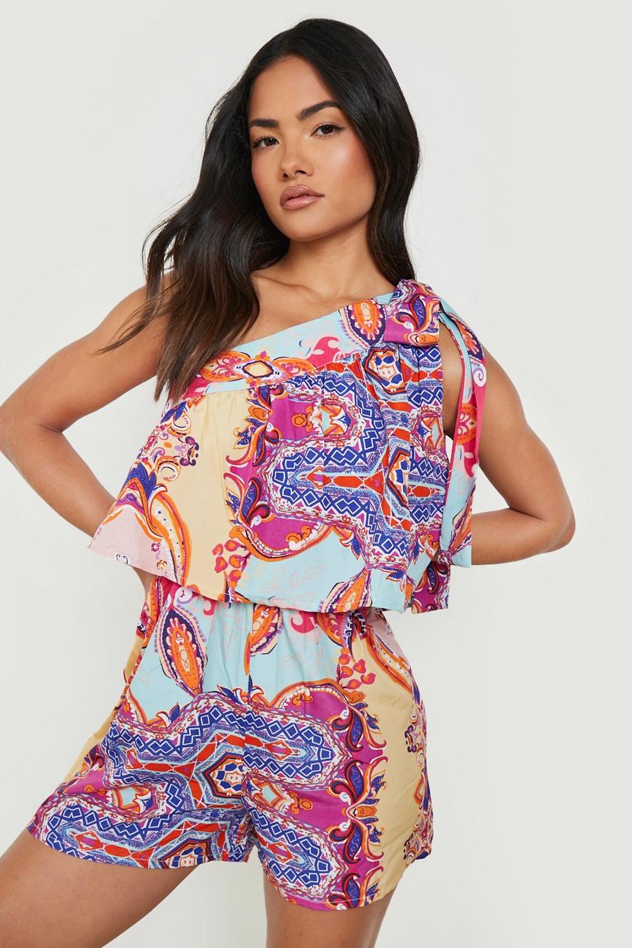Pink Paisley One Shoulder Frill Playsuit