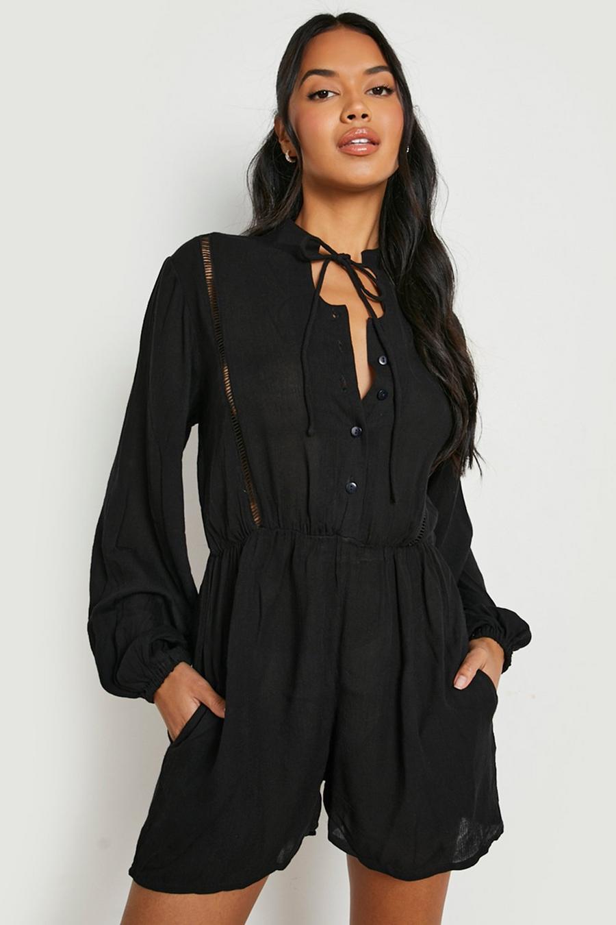 Black Cheesecloth Detailed Romper image number 1
