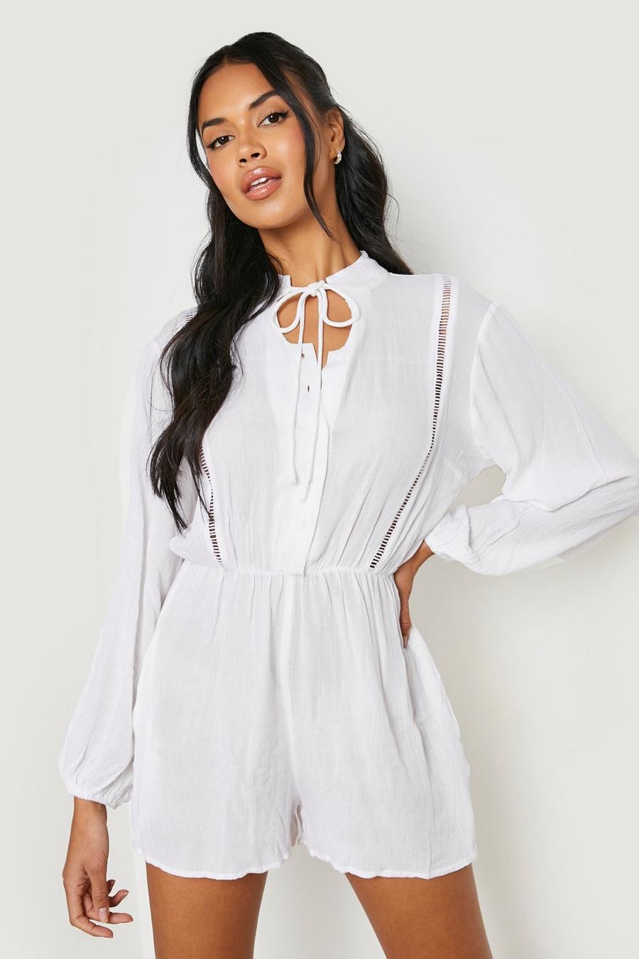White Cheesecloth Detailed Playsuit image number 1