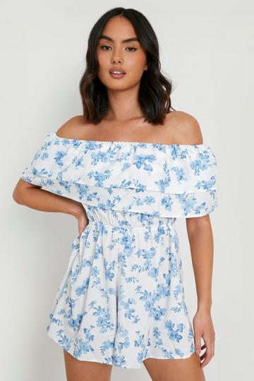 Floral Off The Shoulder Flippy Romper blue