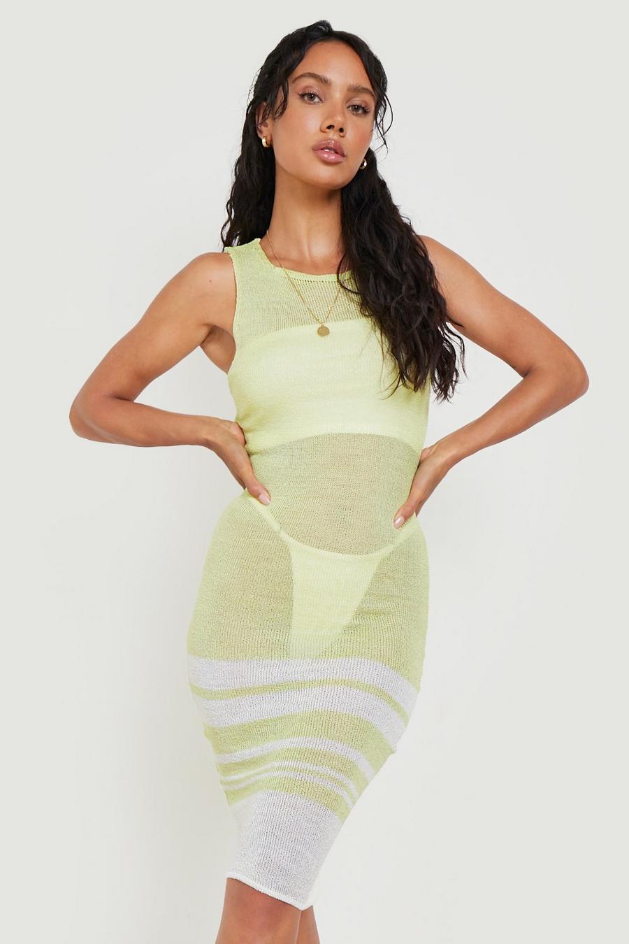 Lime vert Sheer Knit Contrast Stripe Hem Midi Dress