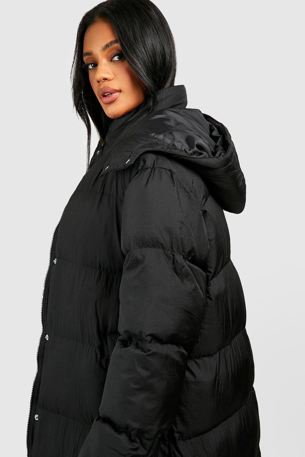 Boohoo longline padded coat with hood in outlet black