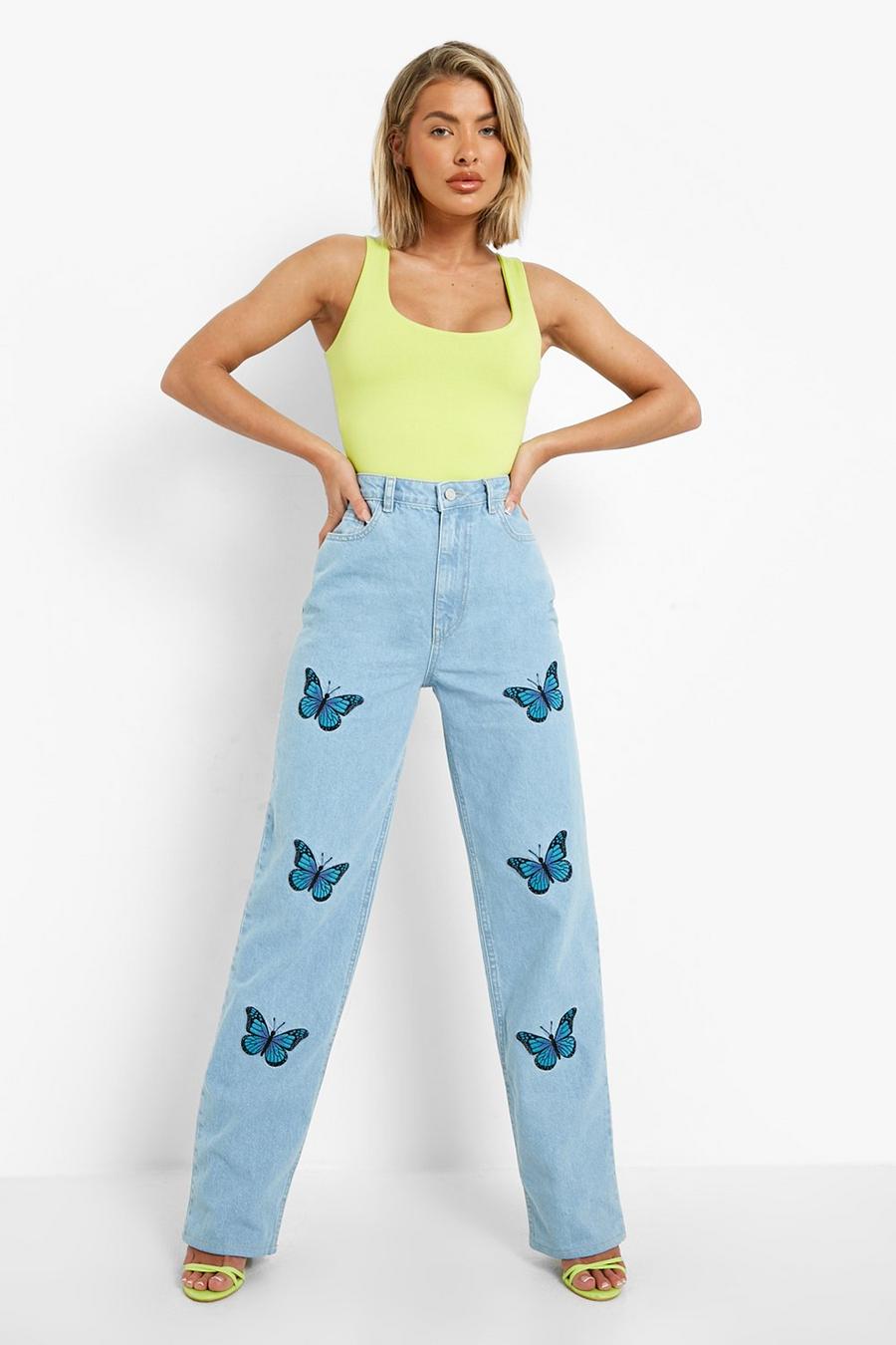 Light wash blue Butterfly Embroidered Wide Leg Jeans