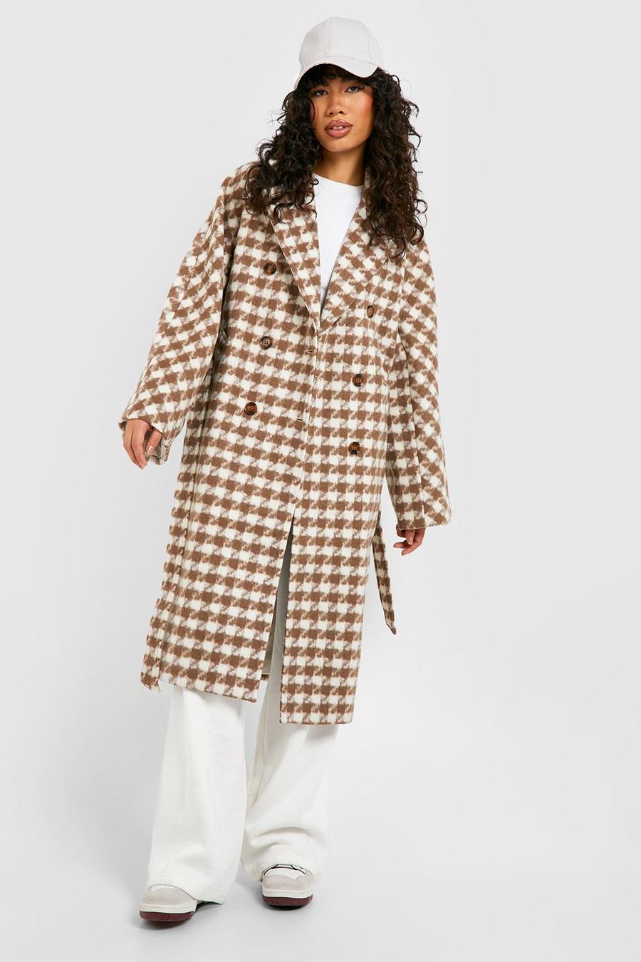 Stone beige Dogtooth Belted Wool Look Coat