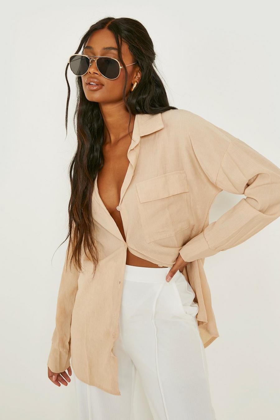 Sand beige Textured Relaxed Fit Longline Shirt image number 1
