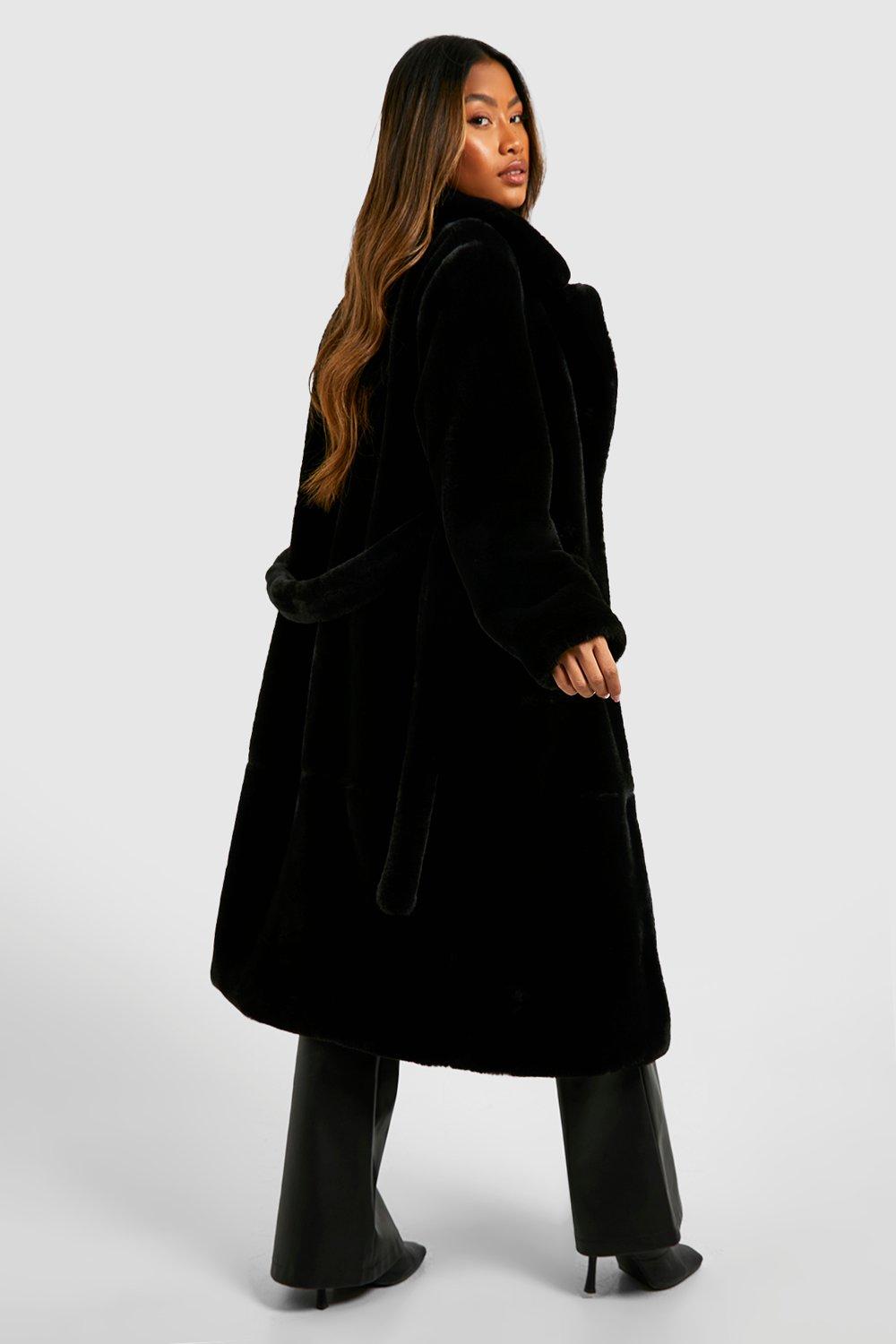 Textured Belted Faux Fur Coat